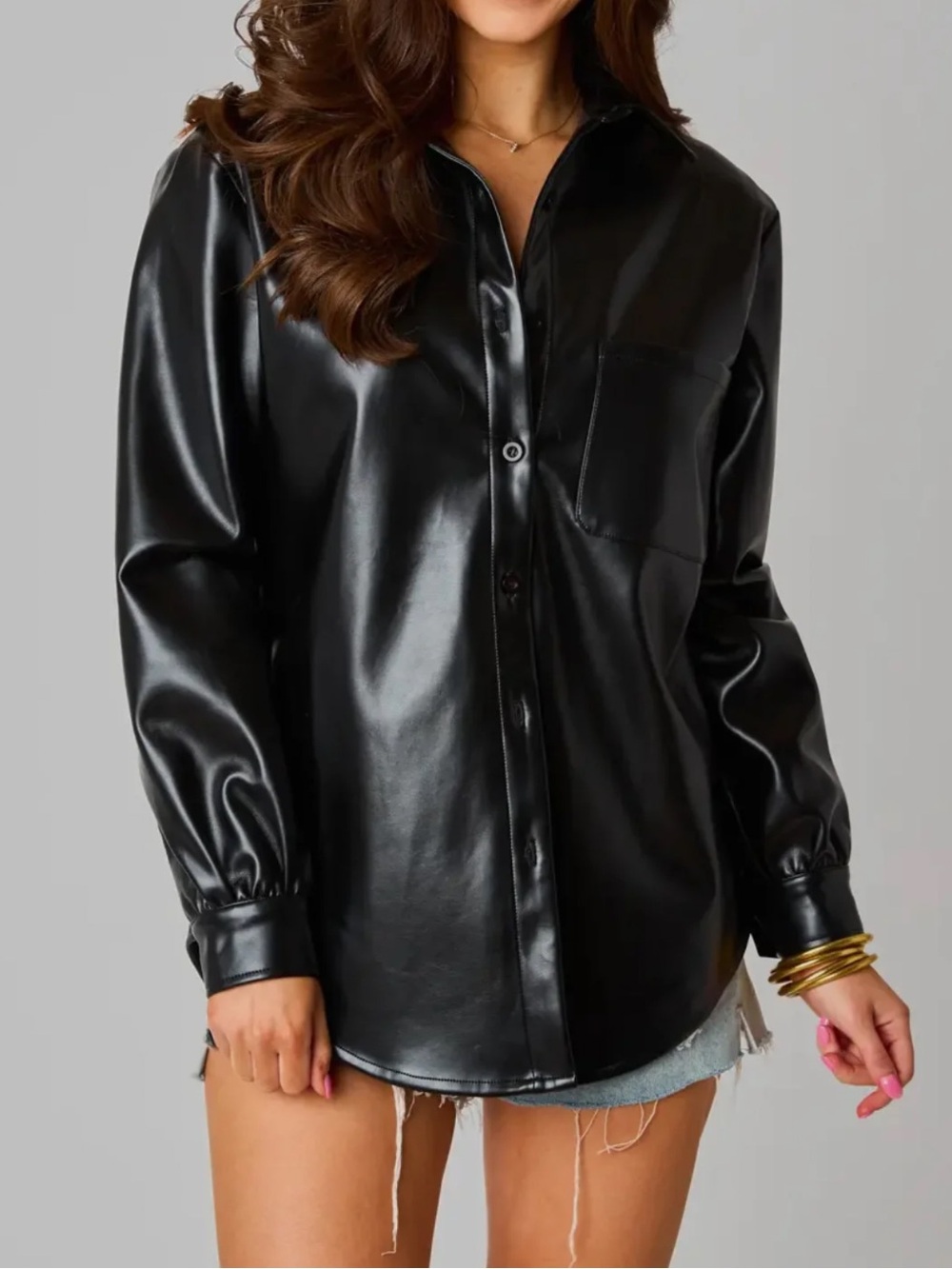 BuddyLove Brielle Black Vegan Leather Button Up Top NWT Size M